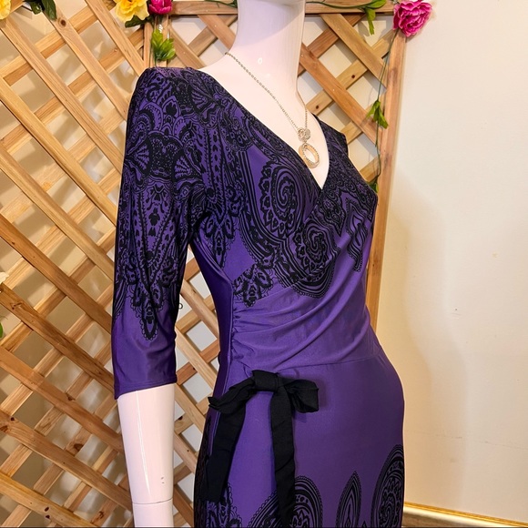 Charlie Brown V-Neck Midi 3/4 Sleeves Dress Midnight Blue Violet w Black Pattern - Picture 2 of 14